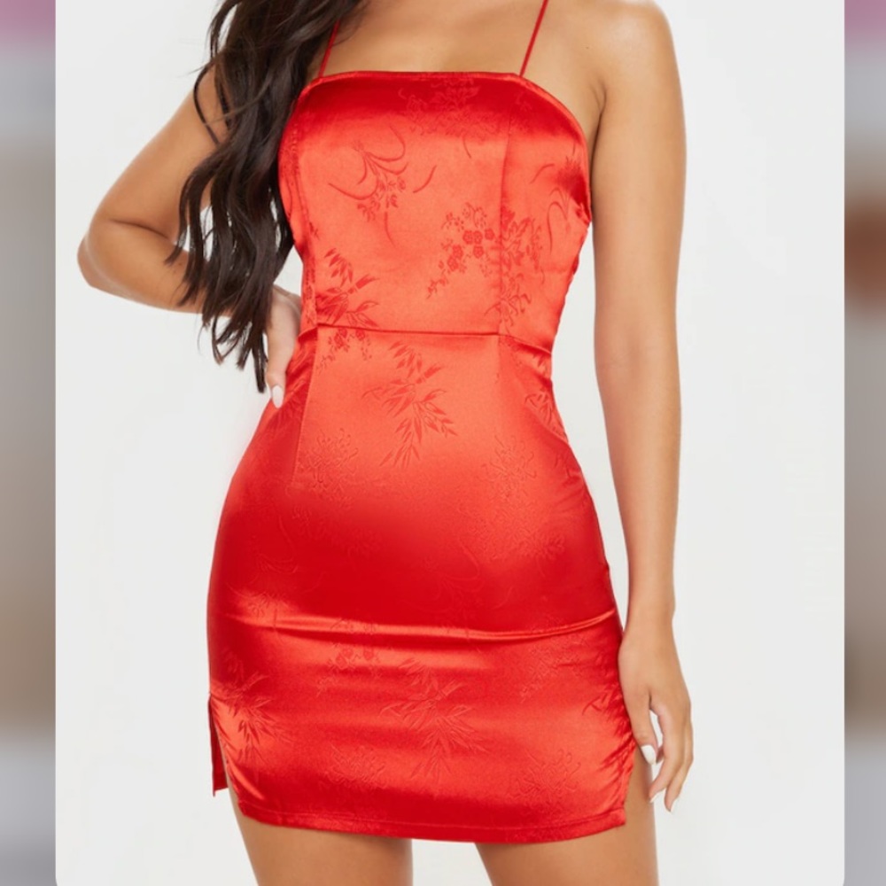 Pretty little thing Red Satin Mixed print Lace Up Back Bodycon Dress